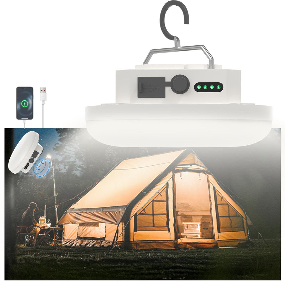 Amkulop tent light LED rechargeable illuminating a campsite at dusk