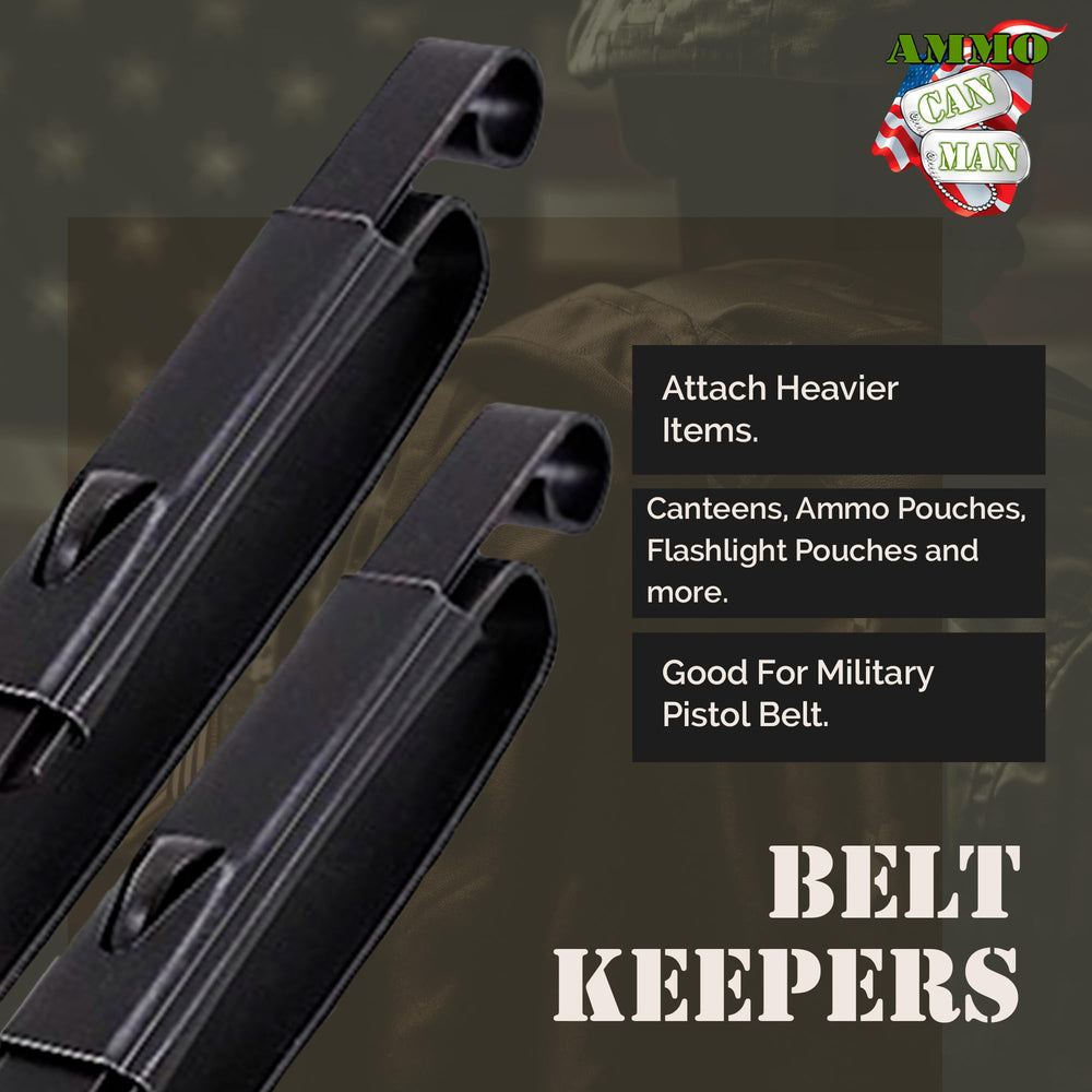 Ammo Can Man GI metal belt keepers provide stability on military pistol belts.