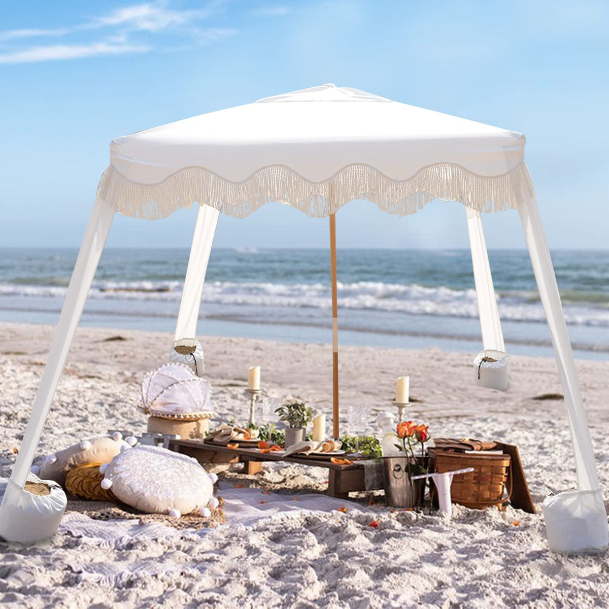 AMMSUN Beach Cabana fringe wood pole provides stylish shade for family beach days.