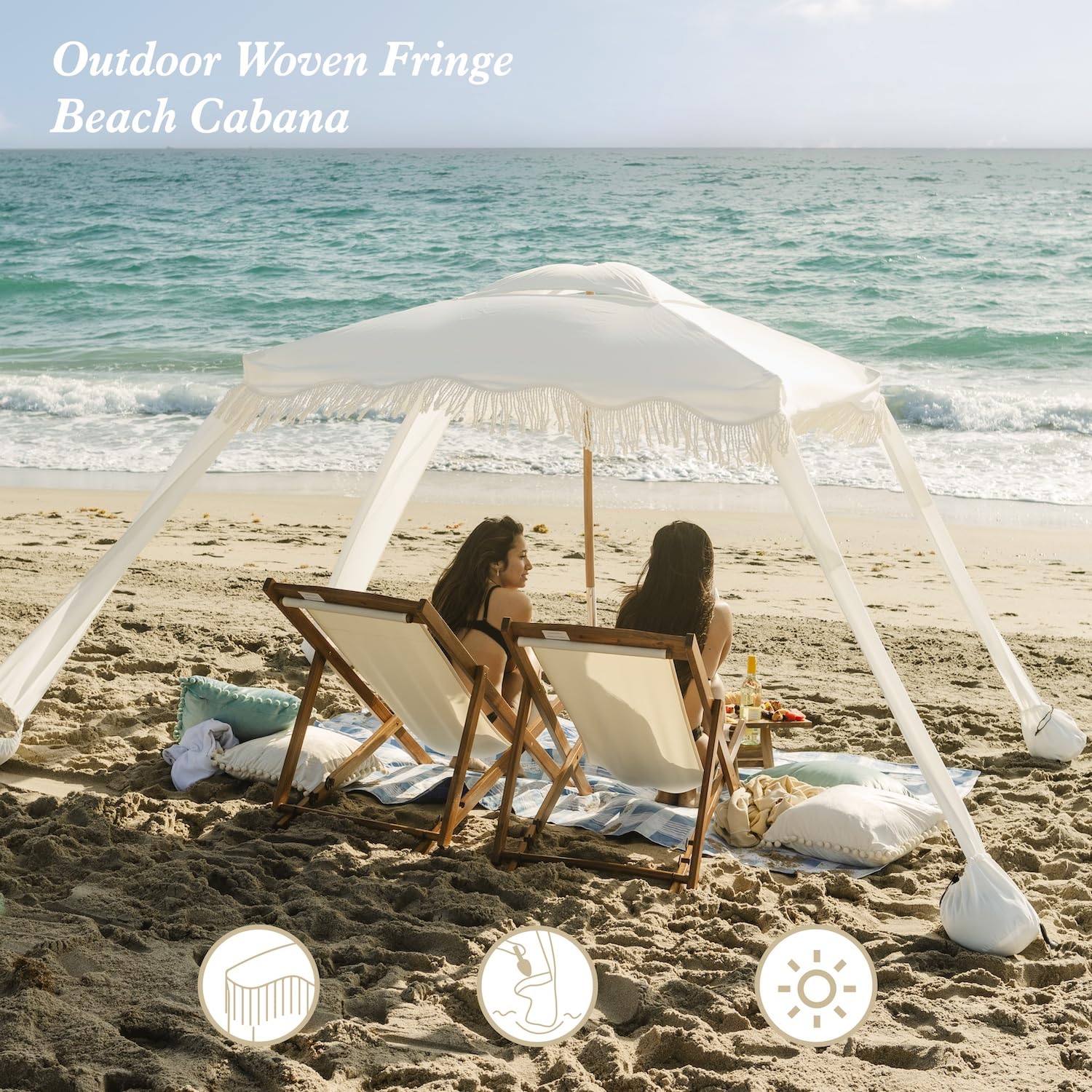 AMMSUN fringe tassels on beach scene adds boho charm and UV shade protection.