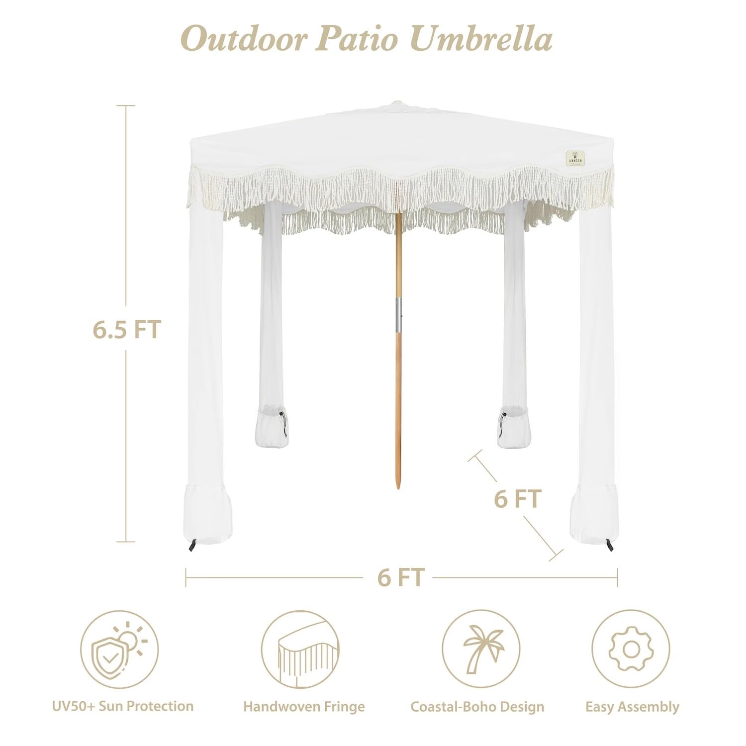AMMSUN white fringe cabana front view shows elegant canopy for poolside gatherings.