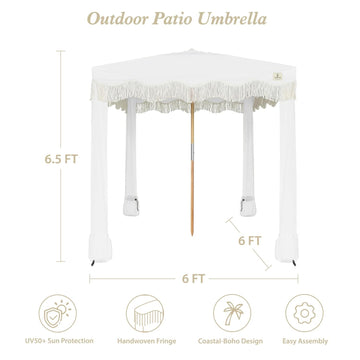 AMMSUN white fringe cabana front view shows elegant canopy for poolside gatherings.