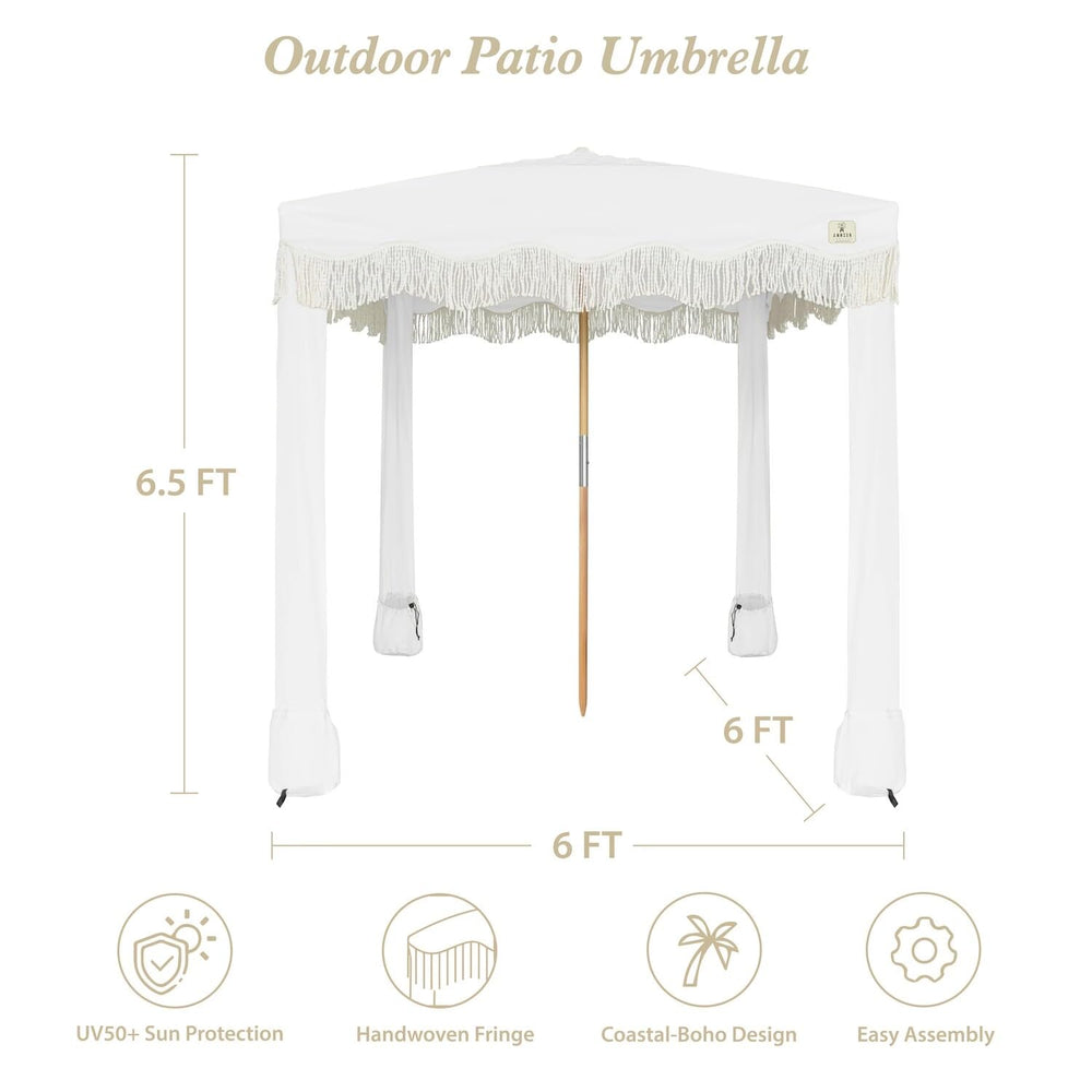 AMMSUN white fringe cabana front view shows elegant canopy for poolside gatherings.