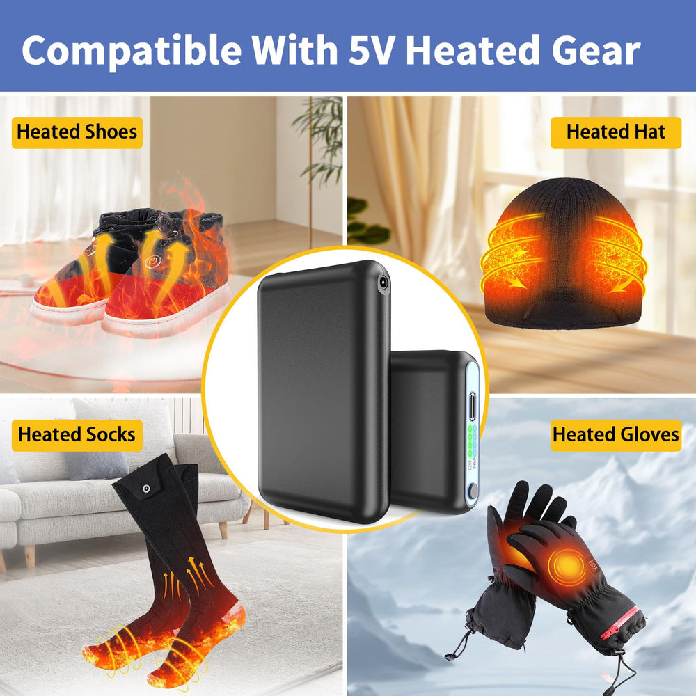 Amortherapie-compatible heated gear visual emphasizes broad compatibility with gloves and devices