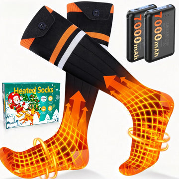 Amortherapie heated socks with battery pack on calf delivering long-lasting warmth for outdoor activities