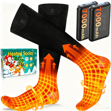 Amortherapie heated socks with battery pack on calf for extended warmth during outdoor activities.