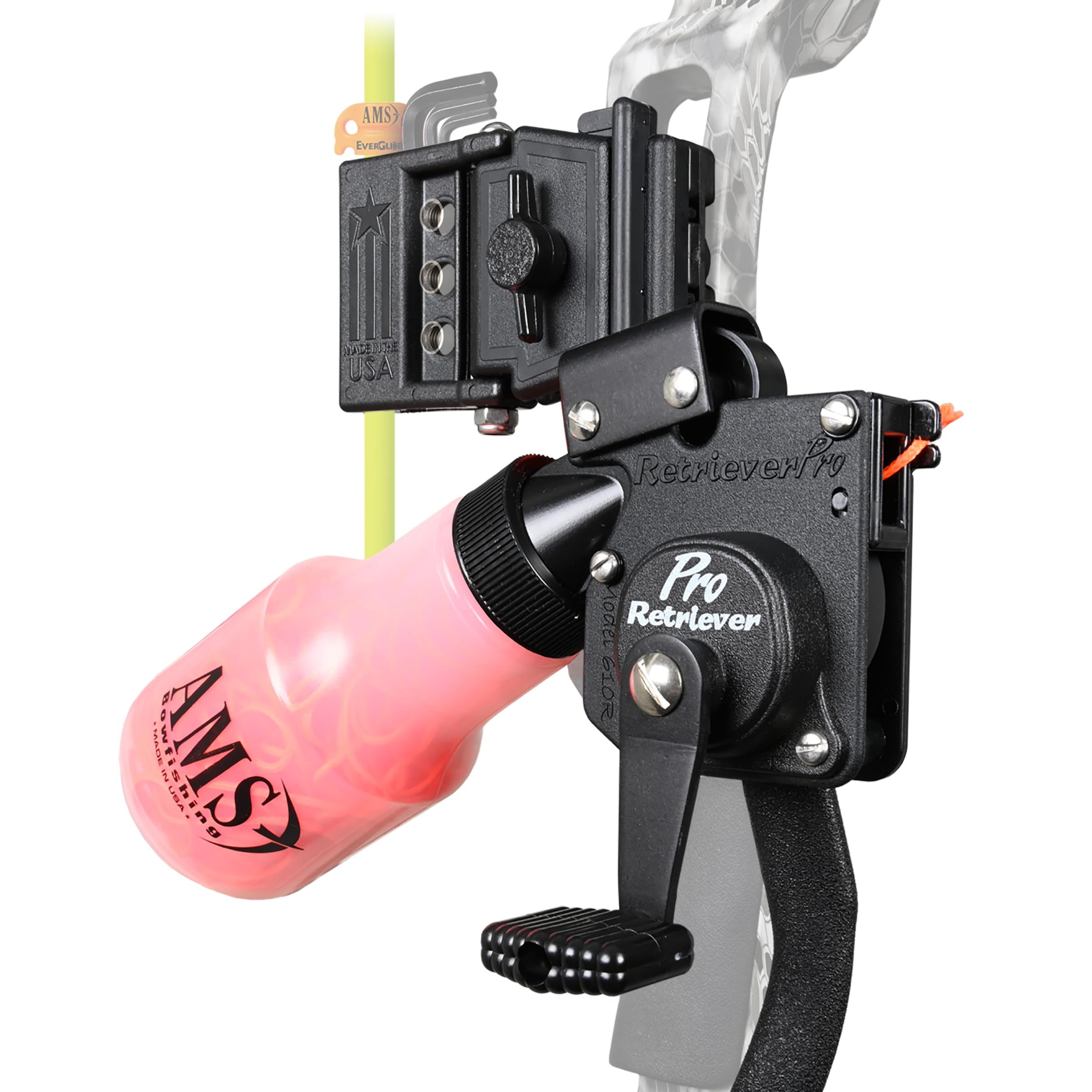 AMS Retriever Pro Bowfishing Reel left-hand model mounted on bow