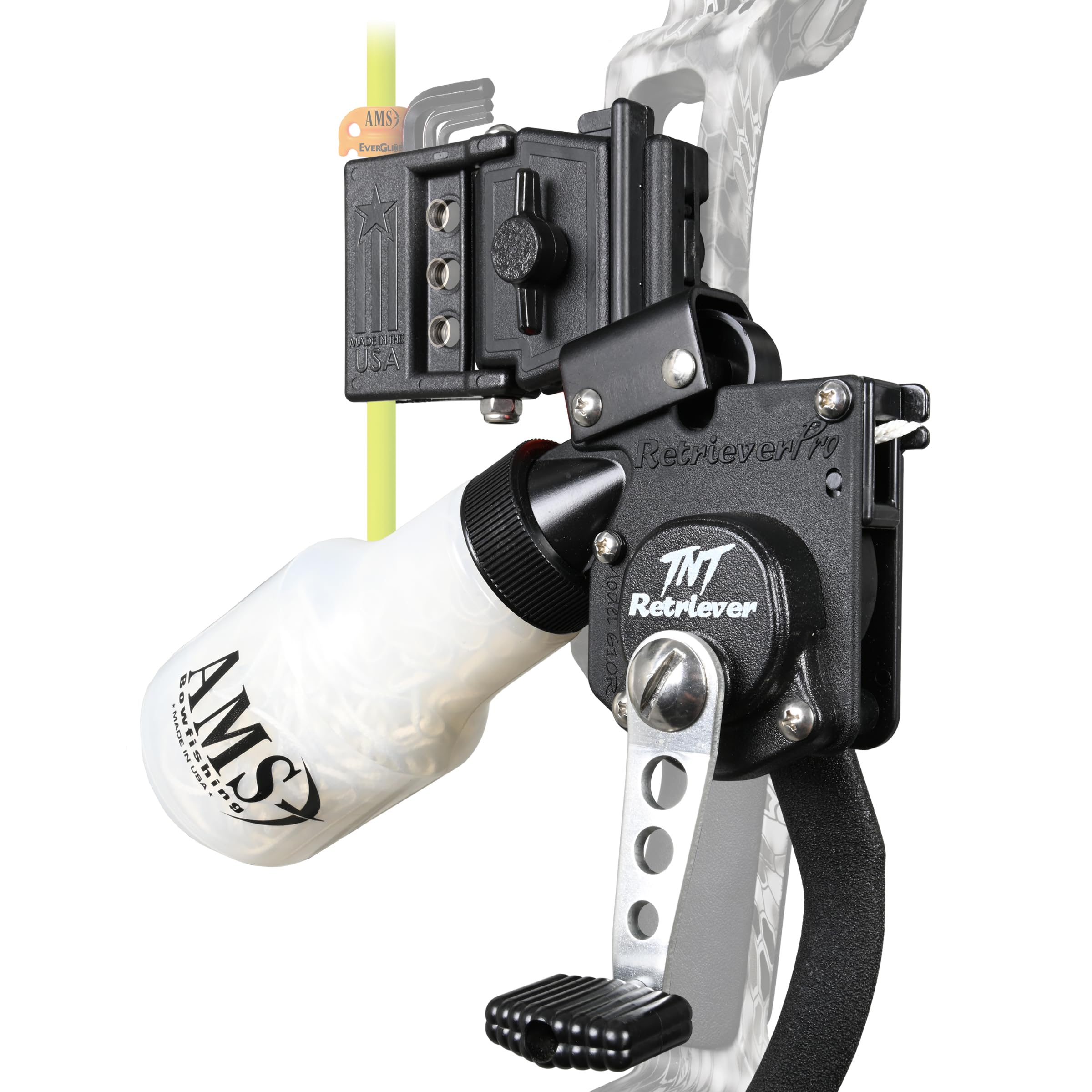 AMS Retriever TNT bowfishing reel left-hand side front view