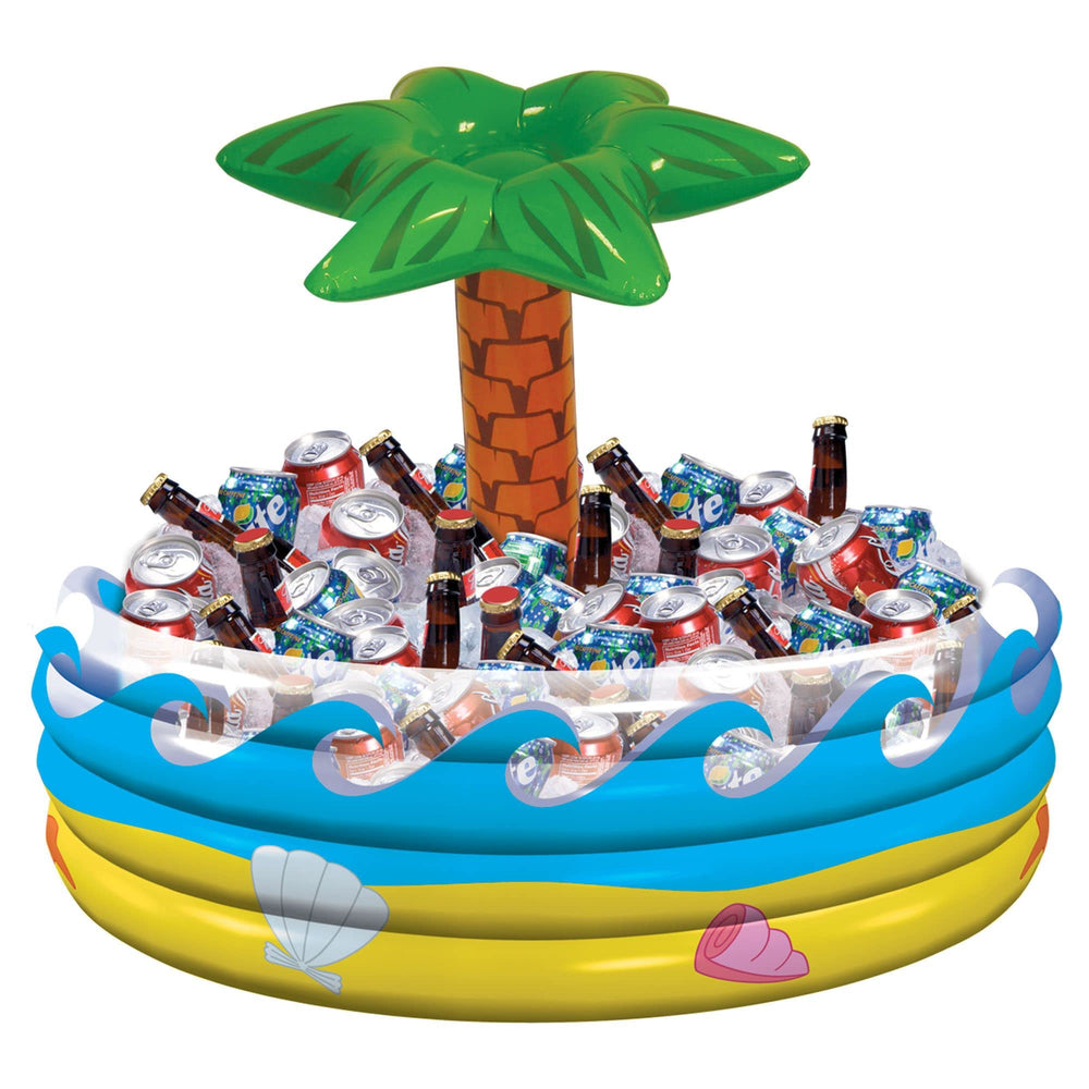 Amscan palm tree inflatable cooler, vibrant multicolor design for tropical parties and drinks.