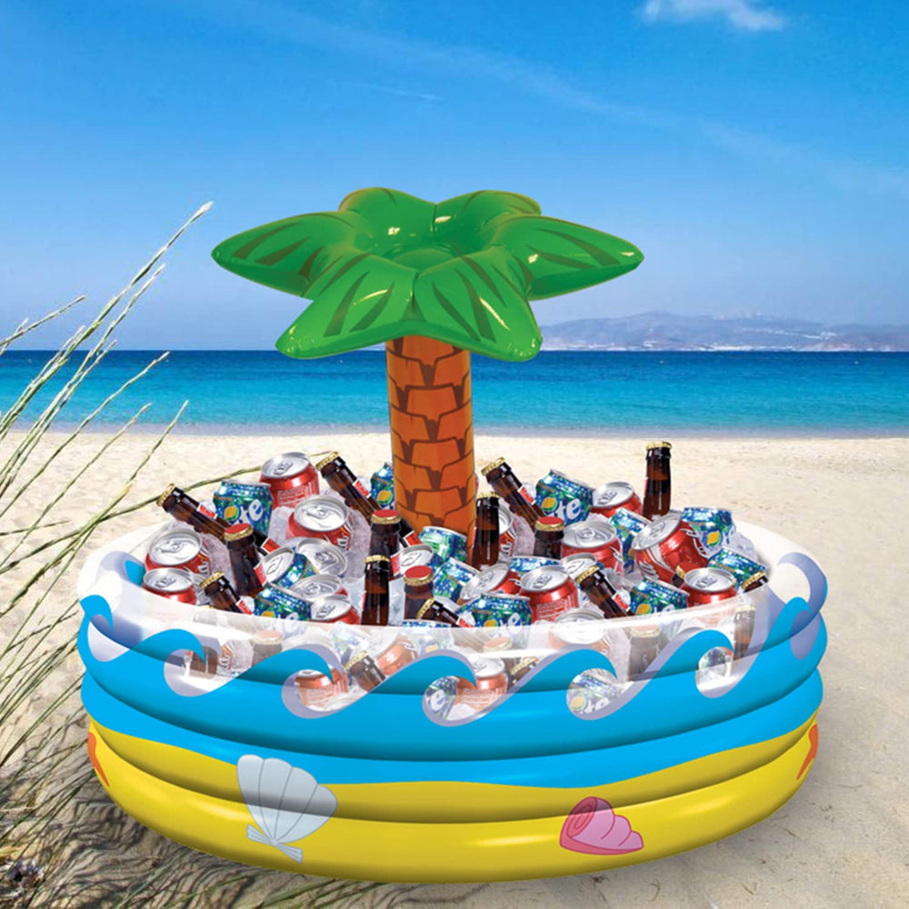 Amscan palm tree inflatable cooler used as ice and beverage station at events.