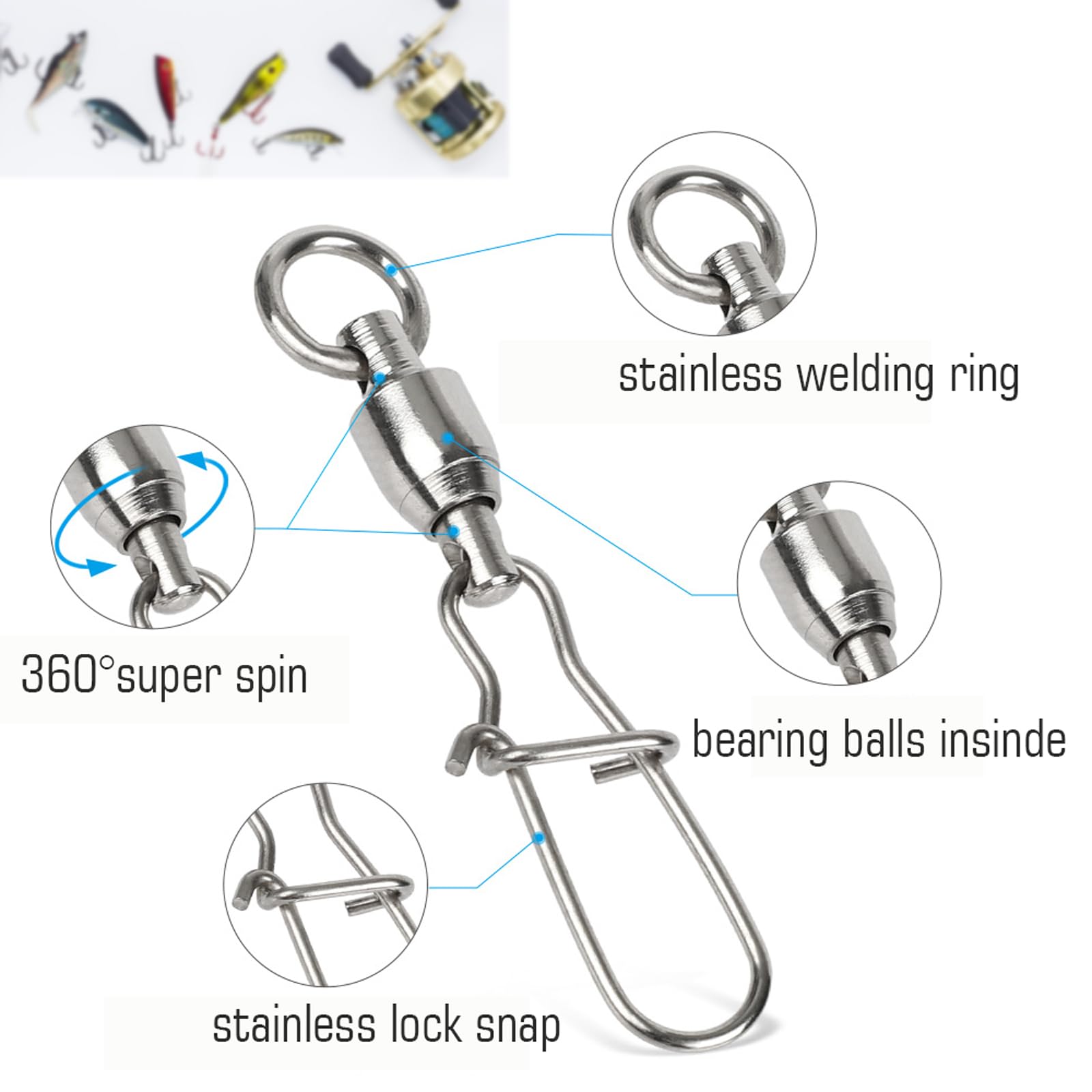 AMYSPORTS Ball bearing swivels with six bearings provide effortless line spins and reduced twist.