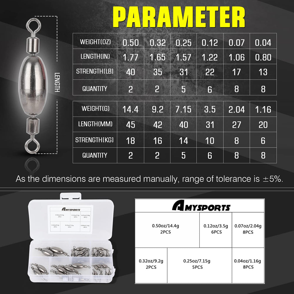Range of sinker sizes suitable for shore, offshore, kayak fishing