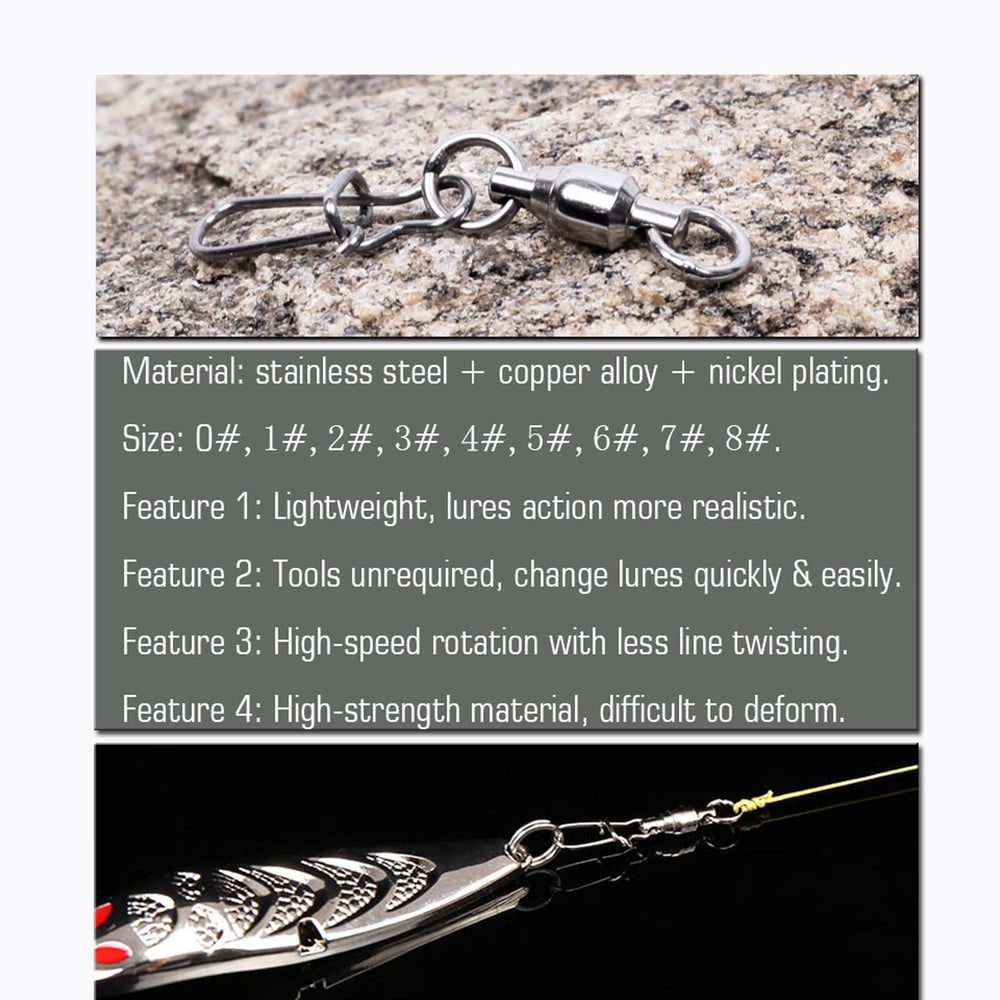 AMYSPORTS Duo Lock Snap Swivels highlight copper body and solid rings for durable fishing connections.