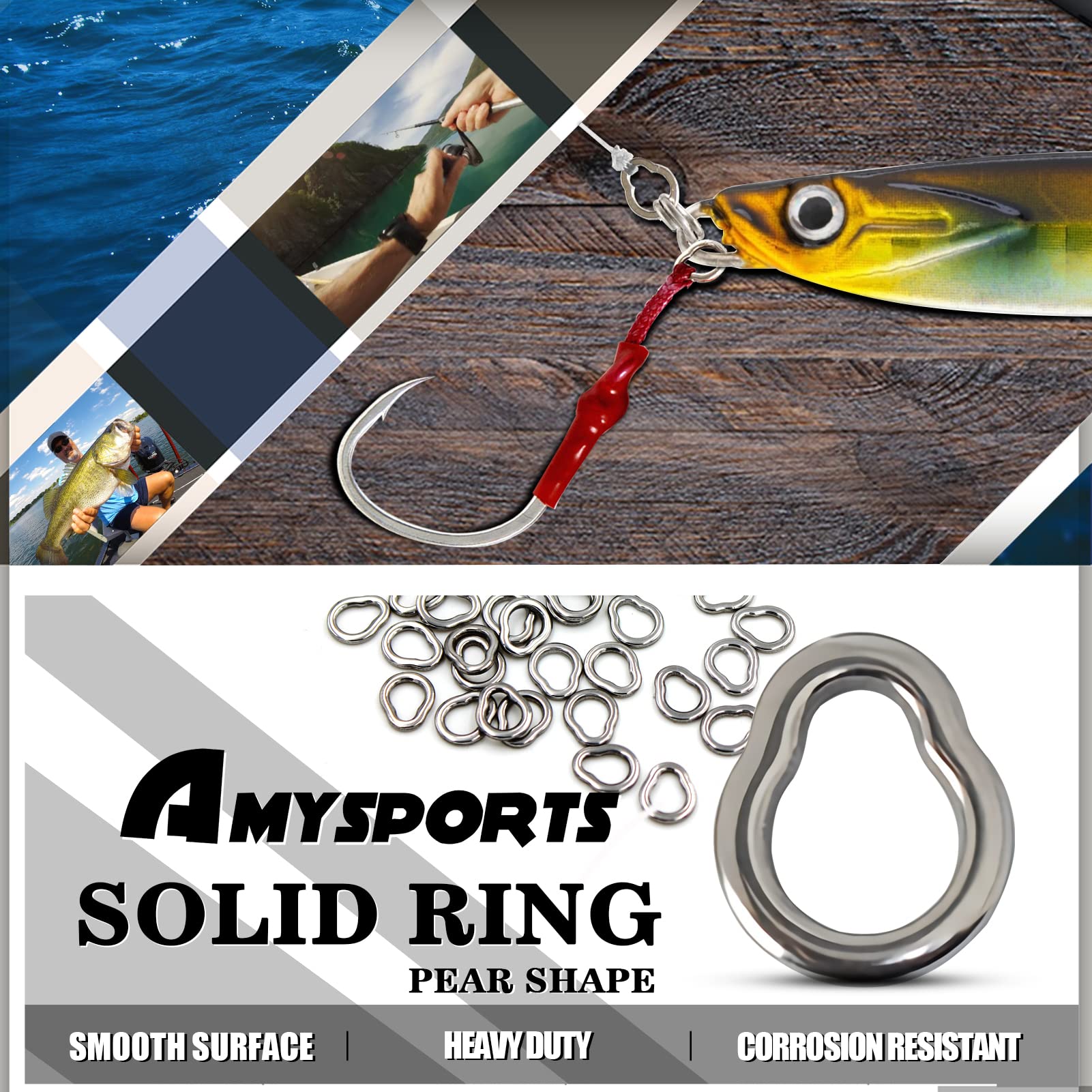 Solid steel jigging ring connected to fishing lure