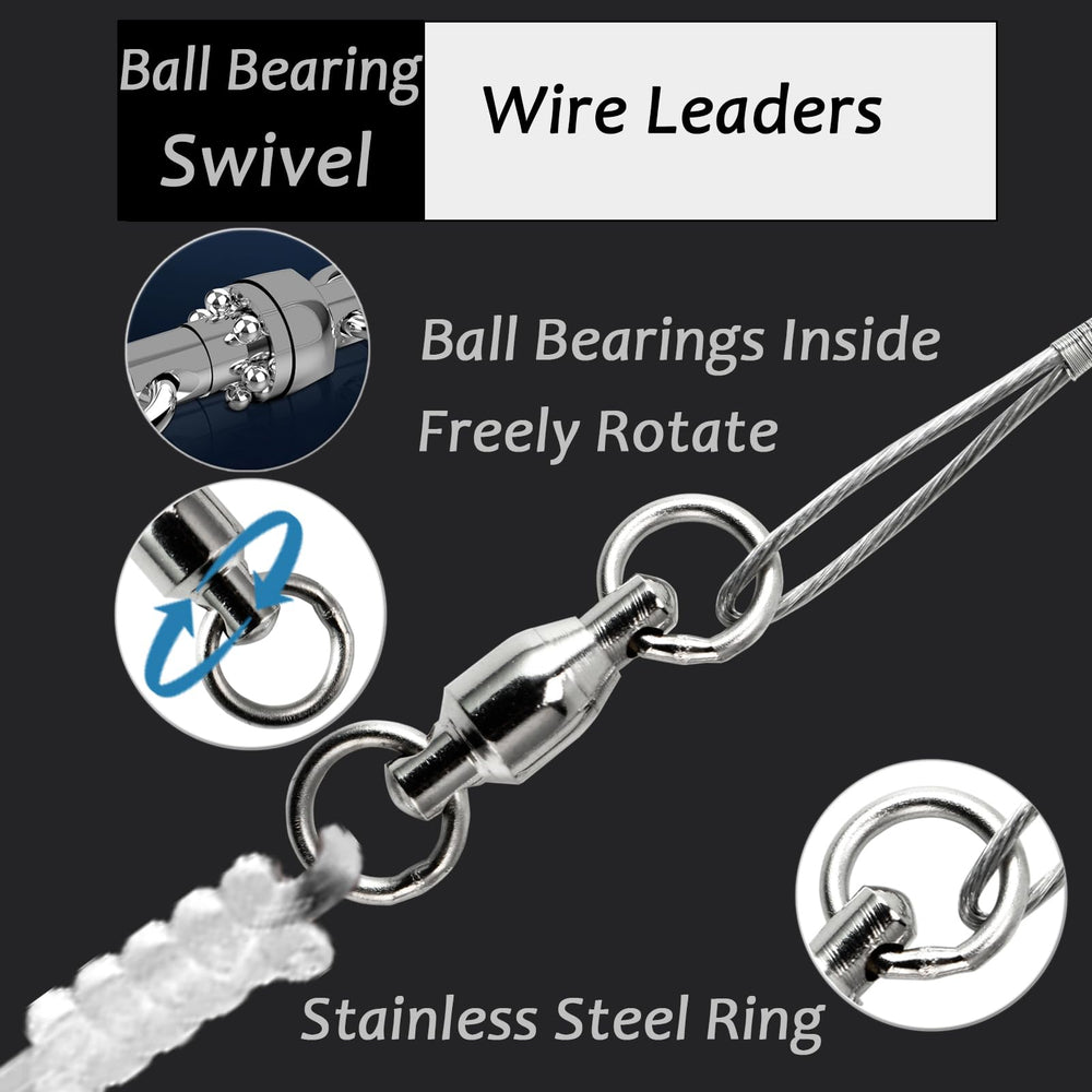 Ball-bearing swivel on stainless steel fishing leader
