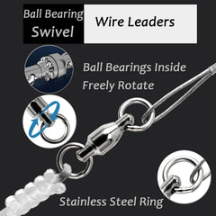 Ball-bearing swivel on stainless steel fishing leader