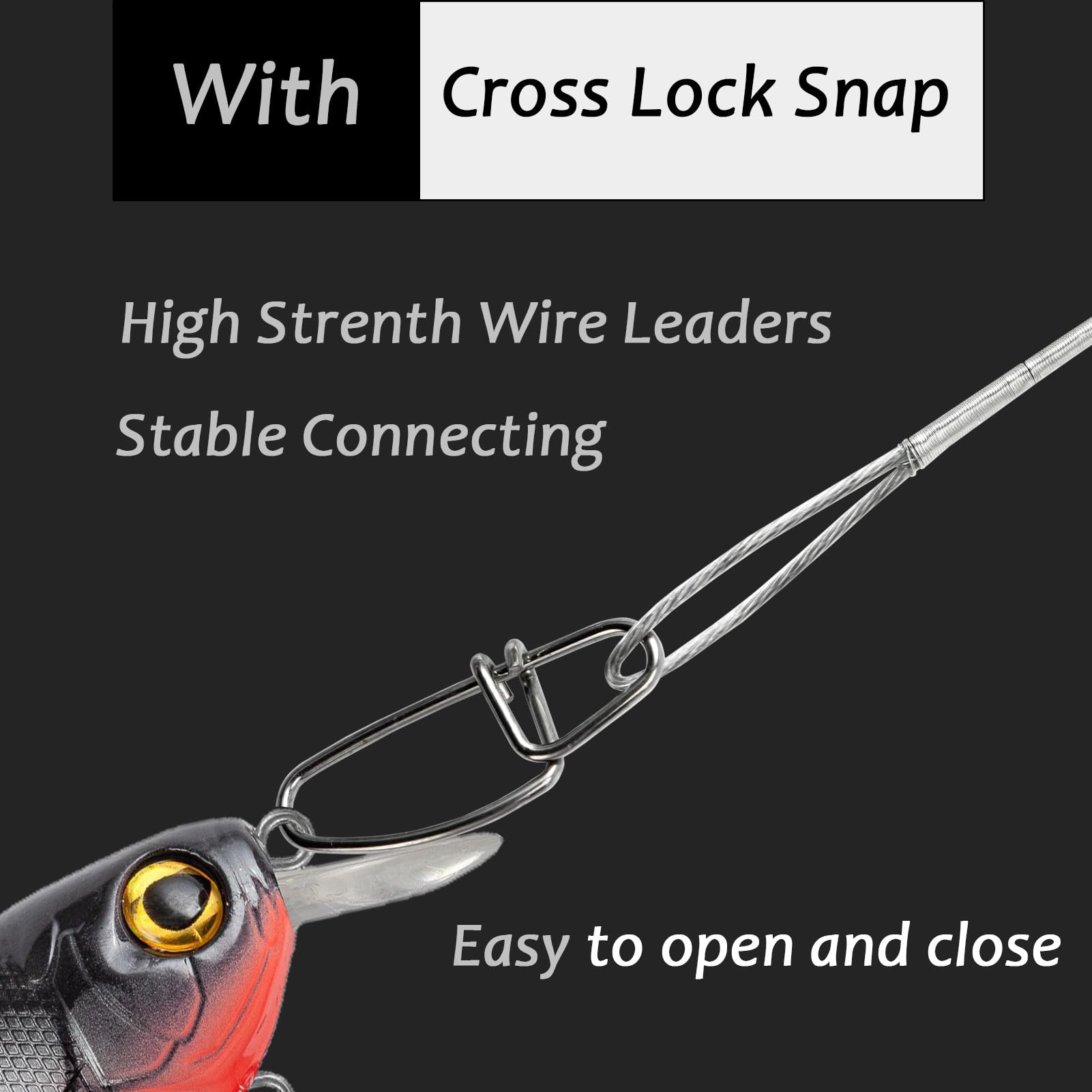 Close-up of stainless steel leader wire and swivel