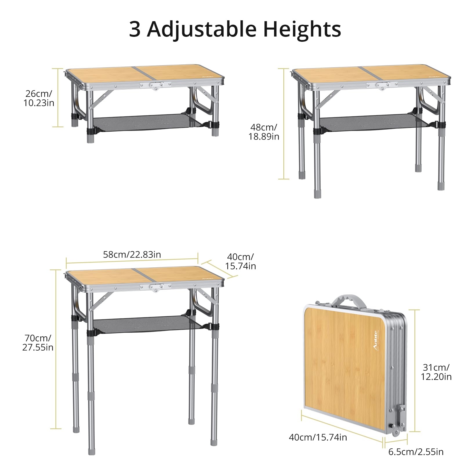Anbte 2ft camping table aluminum frame durable provides stable outdoor work surface.