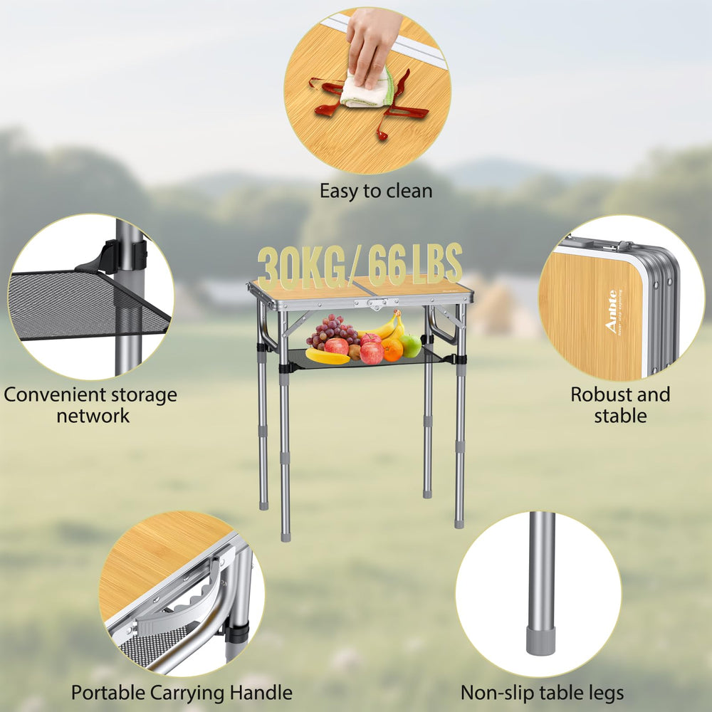 Anbte 2ft camping table carrying handle portable design simplifies travel.