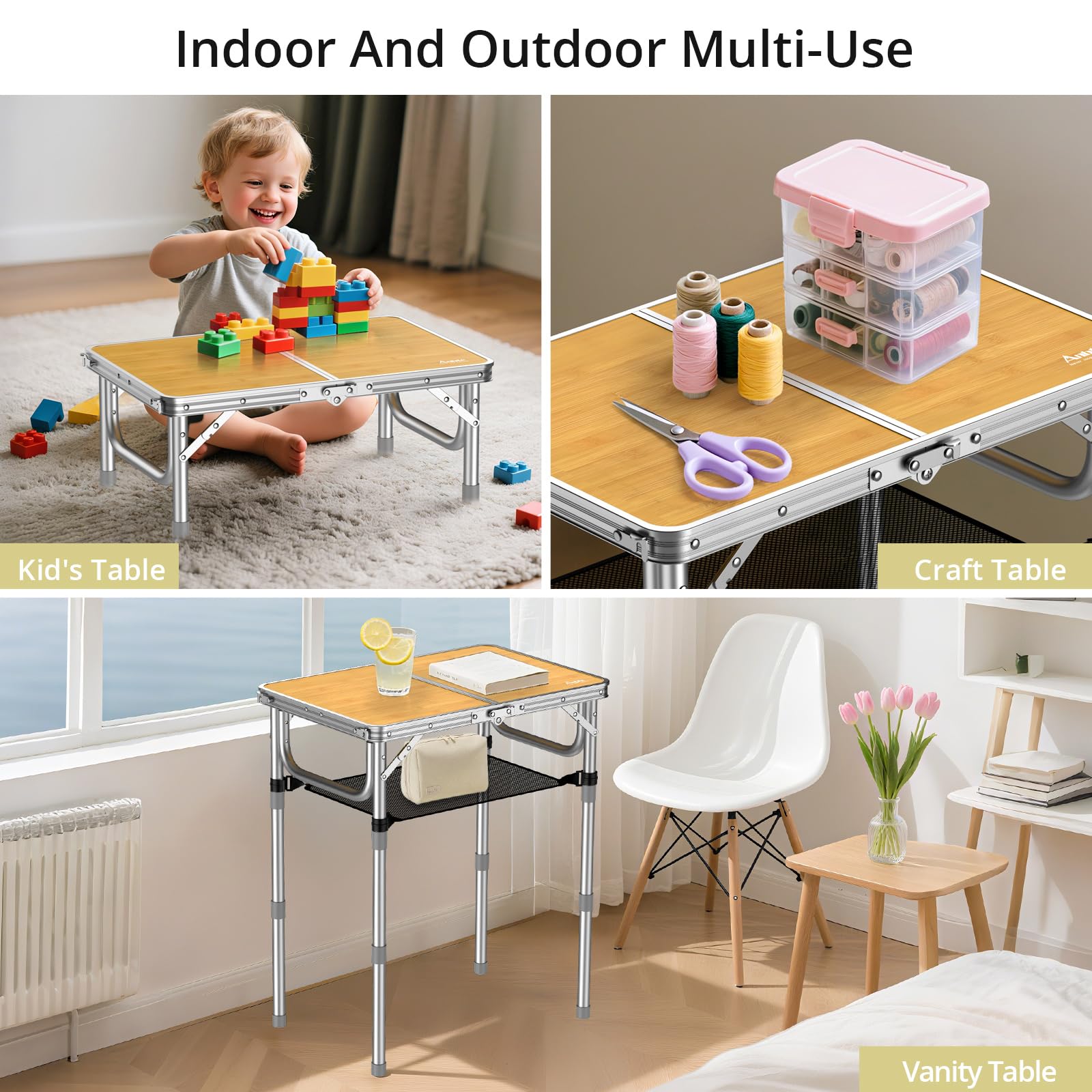 Anbte 2ft camping table MDF top easy-clean surface resists spills.