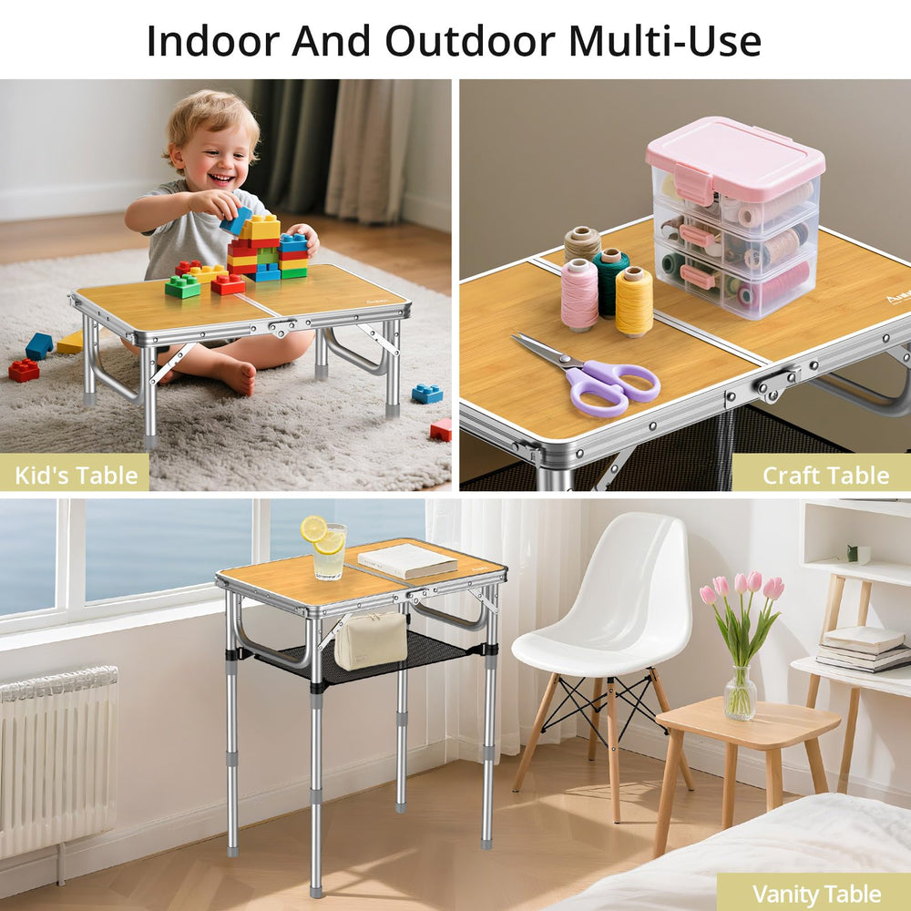 Anbte 2ft camping table MDF top easy-clean surface resists spills.