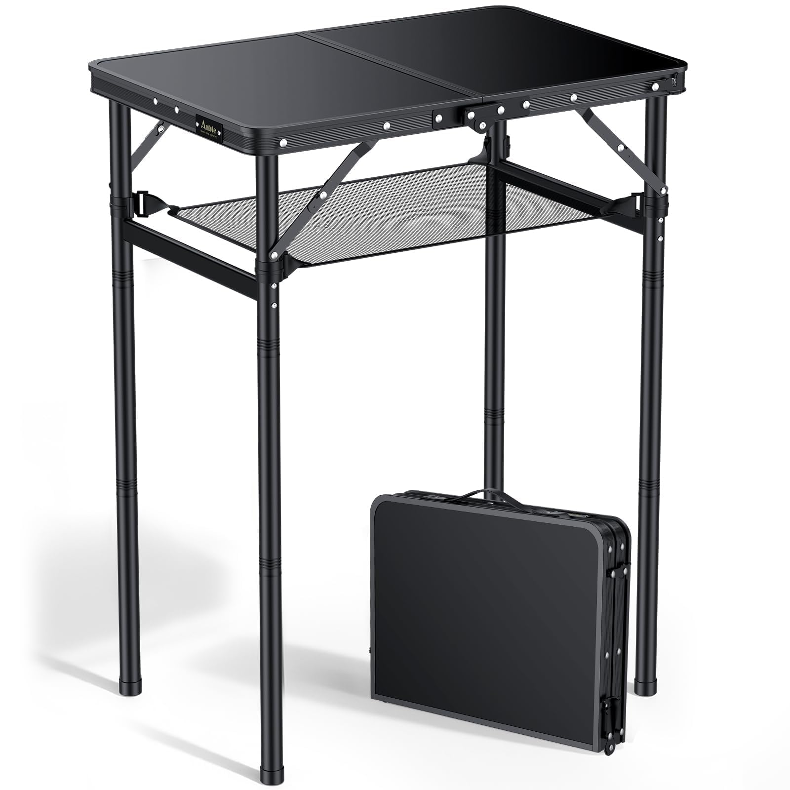 Anbte 2ft folding camping table side view highlights stable aluminum legs for outdoor use