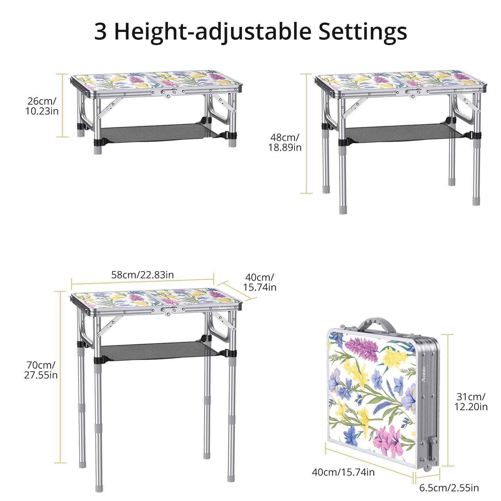 Anbte 2ft folding table height settings show flexible positioning