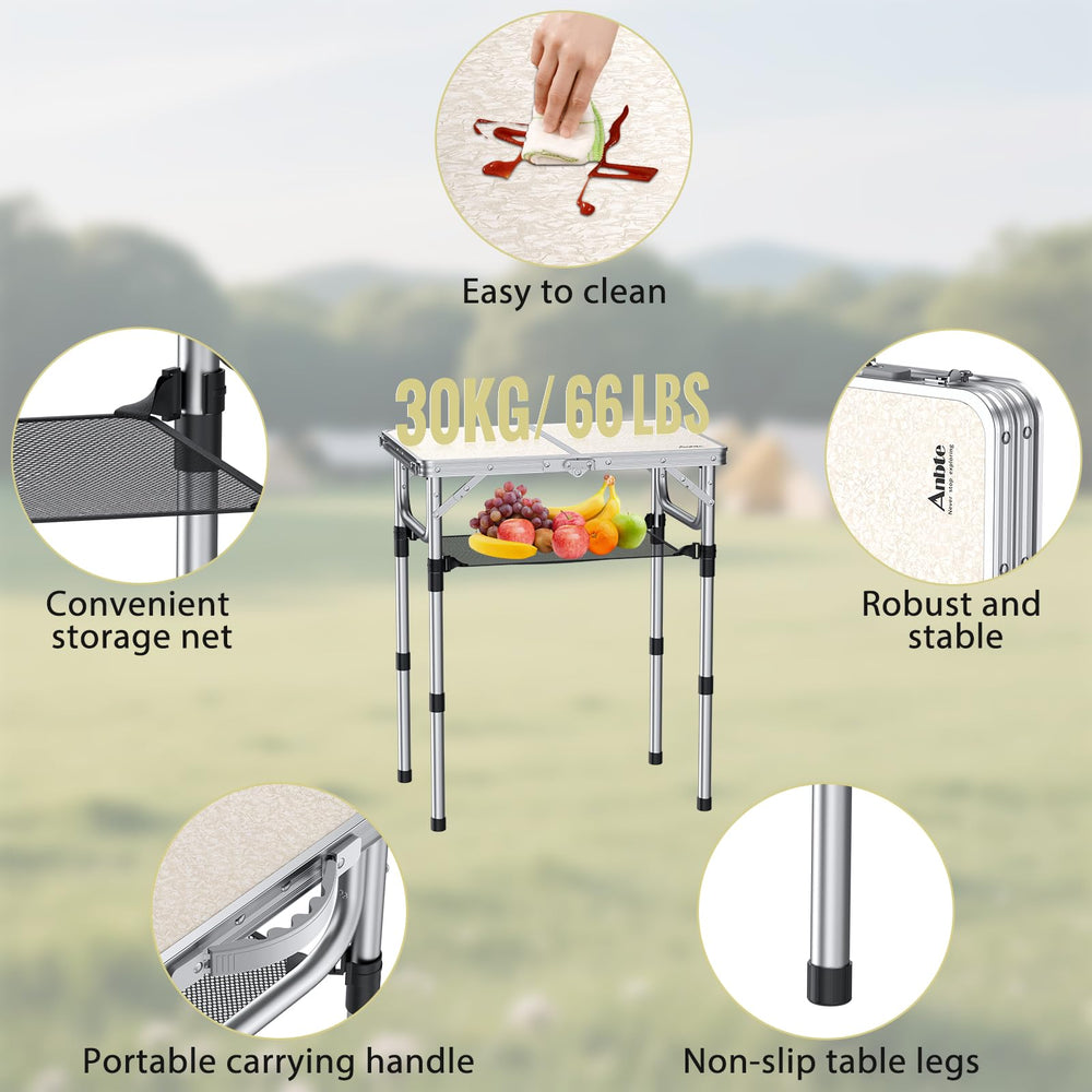 Anbte folding camping table aluminum frame highlights durability for rugged outdoor use.