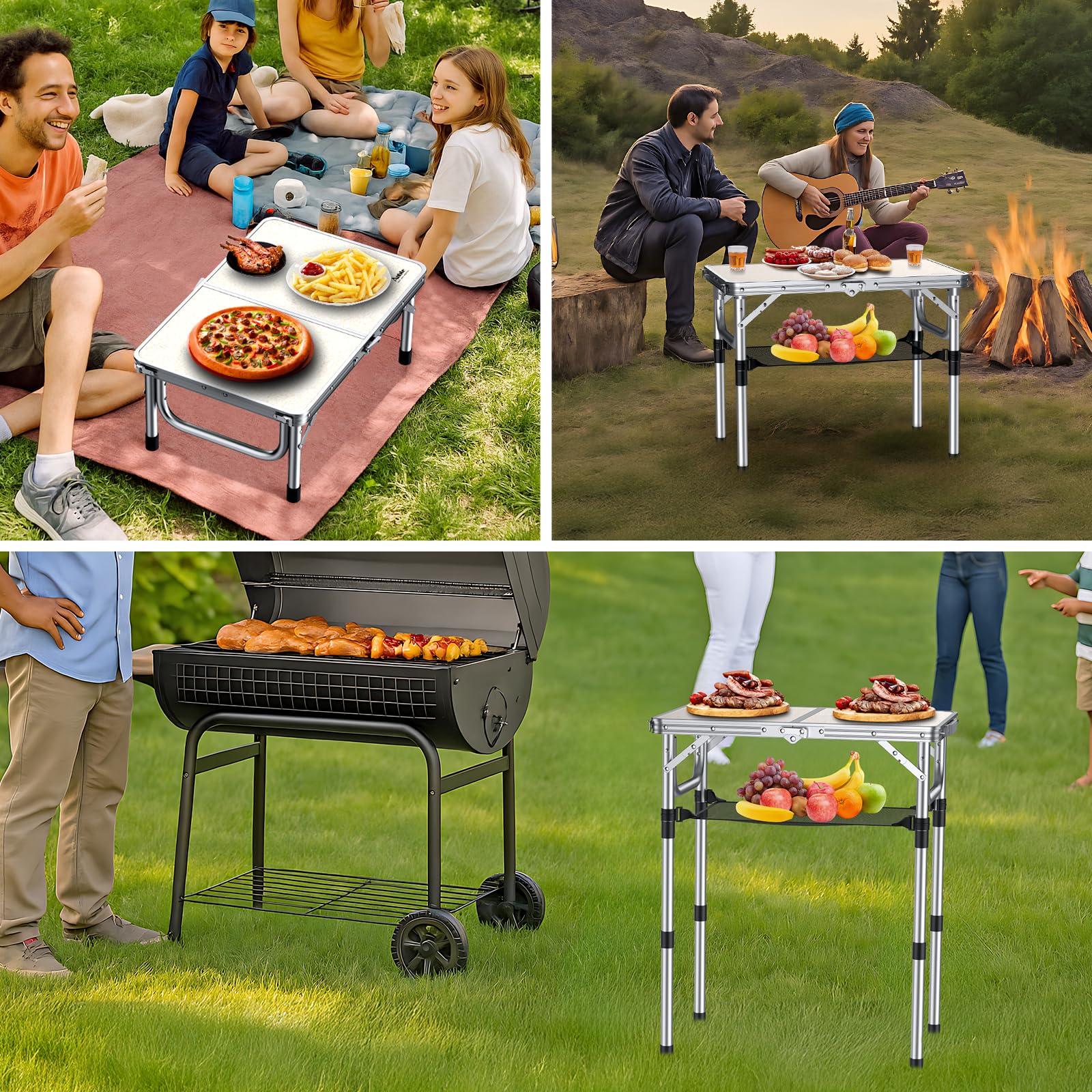Anbte folding camping table outdoor picnic setup in use on lawn.
