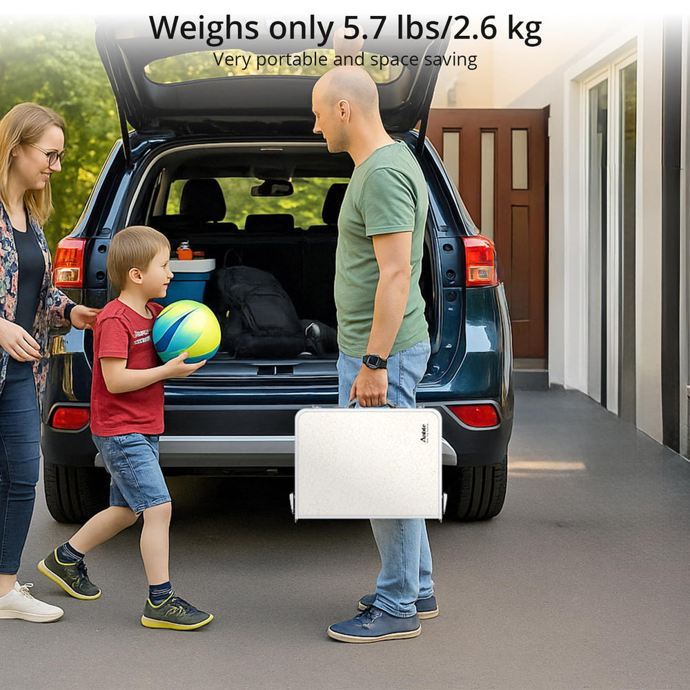 Anbte folding camping table side assembly highlights adjustable legs for flexible seating.