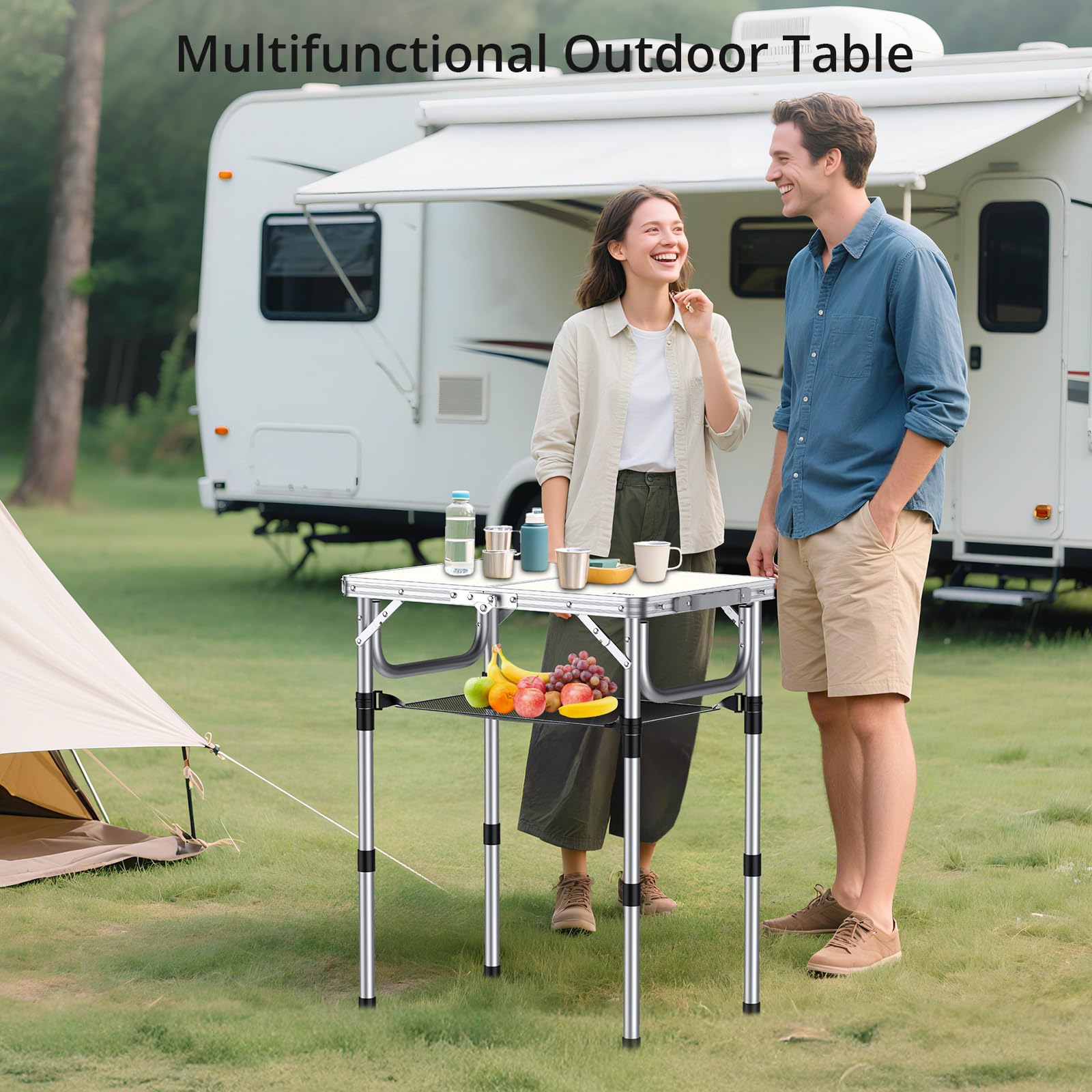 Anbte folding camping table storage net shows extra space for small items.