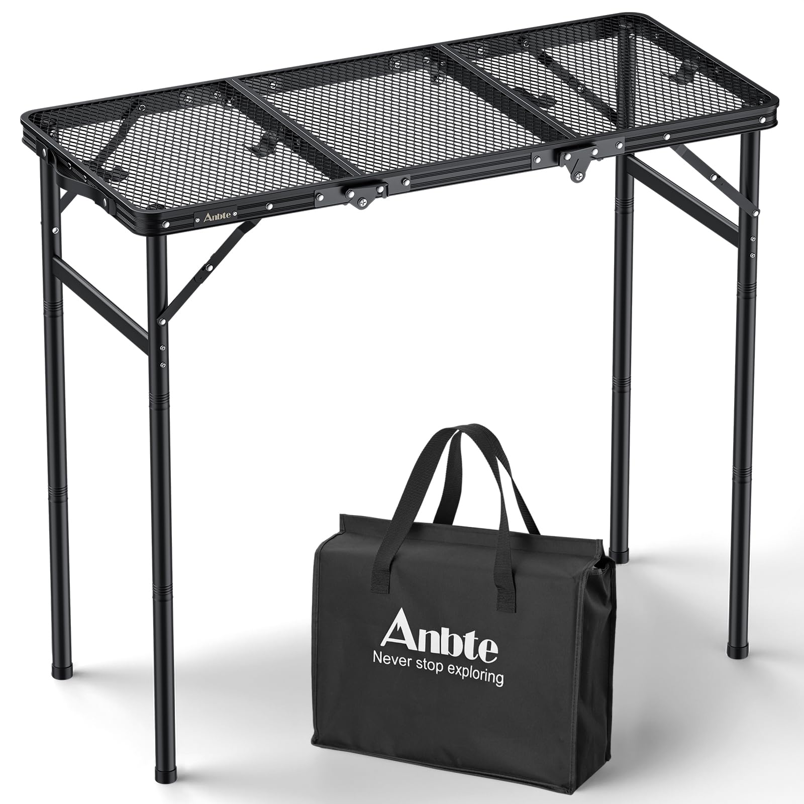 Anbte grill table folded into a compact briefcase, ideal for travel.