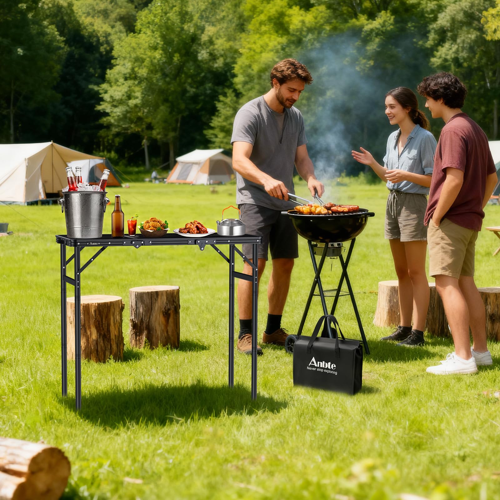 Anbte grill table leg joints show sturdy metal construction for stability.