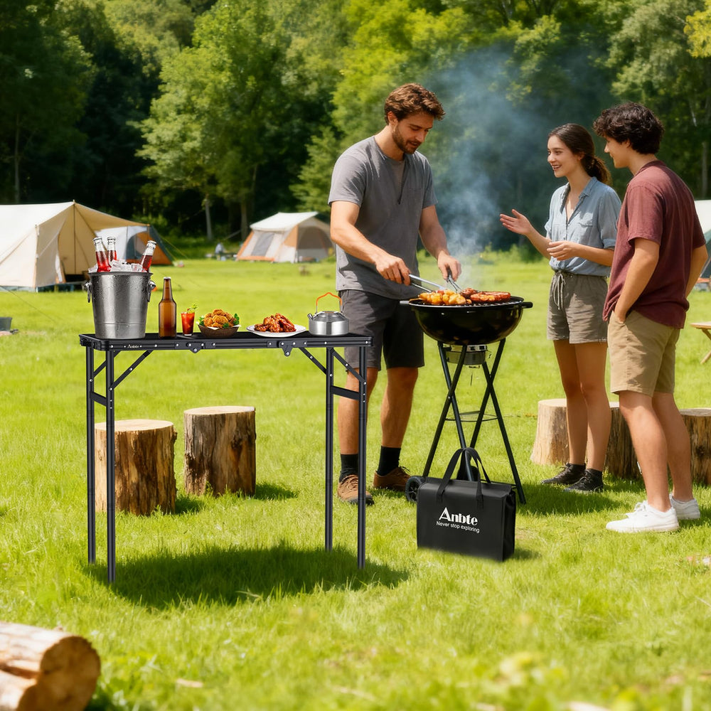 Anbte grill table leg joints show sturdy metal construction for stability.