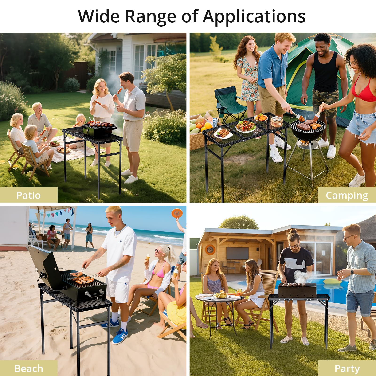 Anbte grill table in an outdoor-use scene for camping or backyard cooking.