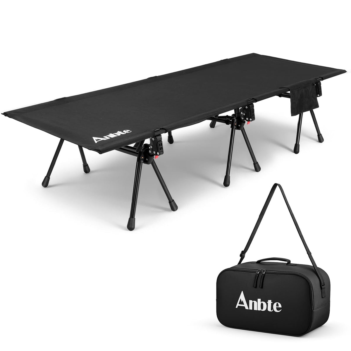 Anbte camping cot folded in bag for easy transport
