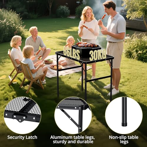 Anbte portable grill table integrated handle for easy transport.