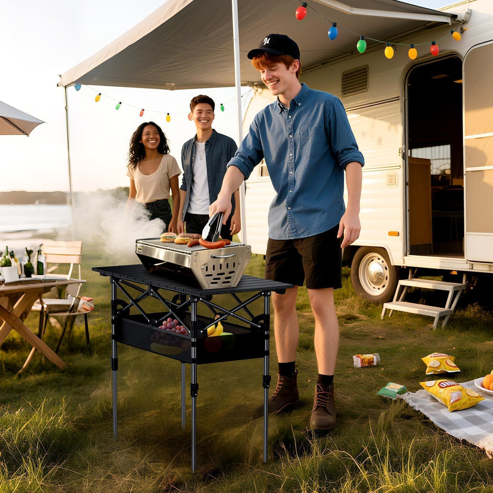 Anbte roll-top table carrying bag ready for quick transport and storage
