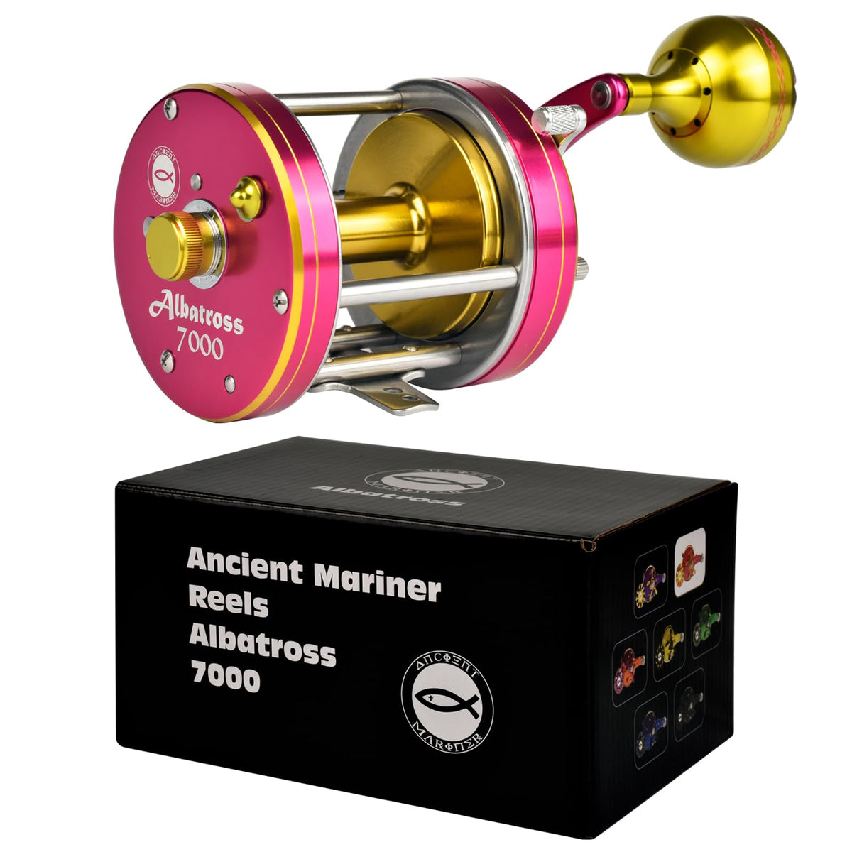 Ancient Mariner Albatross 7000 reel front view shows reinforced aluminum plates for durability.