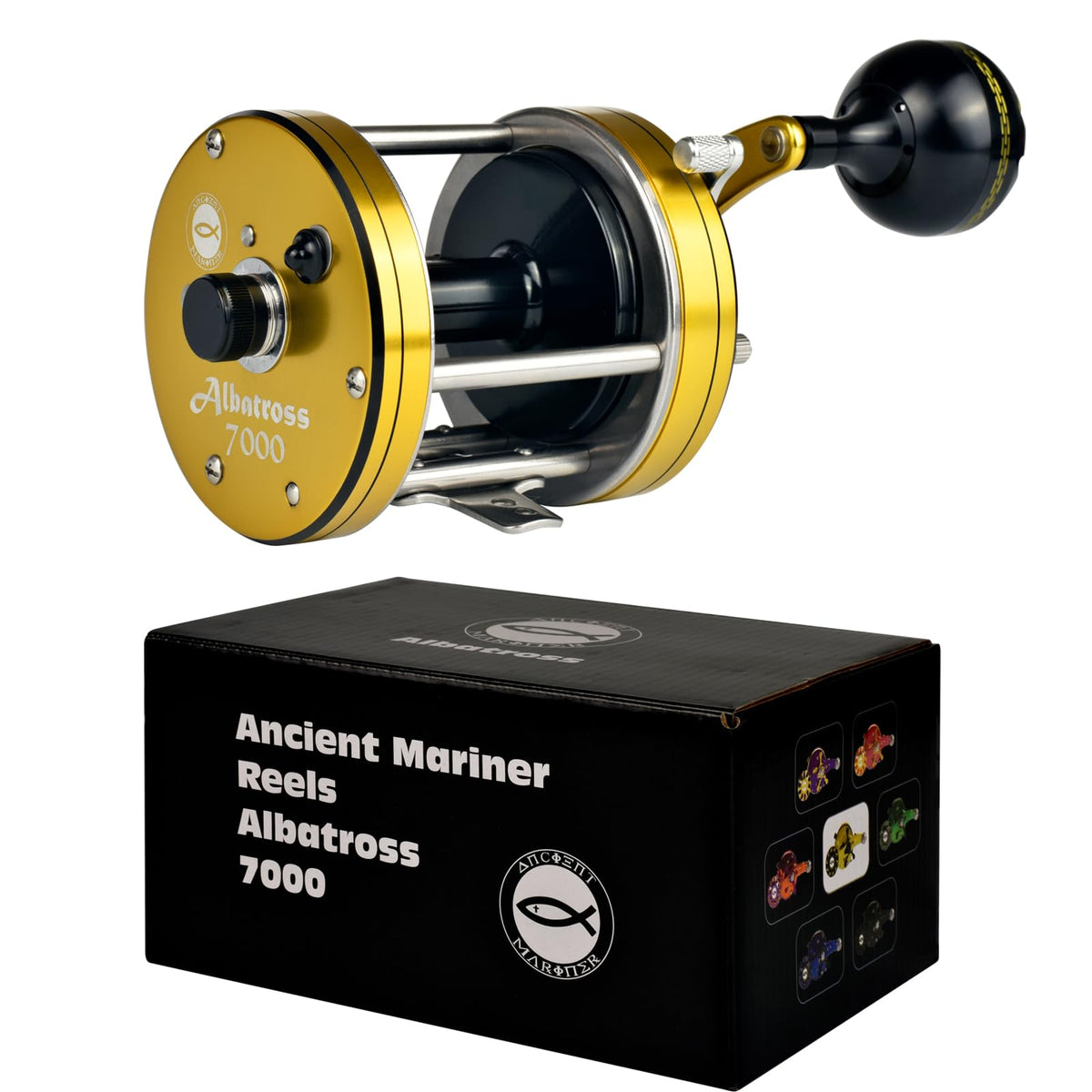 Ancient Mariner Albatross 7000 reel front view for precise casting on catfish trips