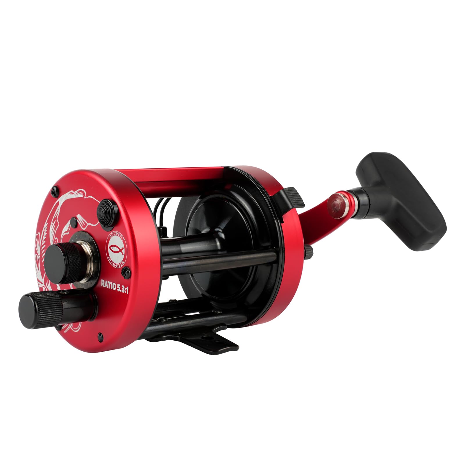 Ancient Mariner GEM catfish reel front view highlights rugged durability for saltwater trolling.