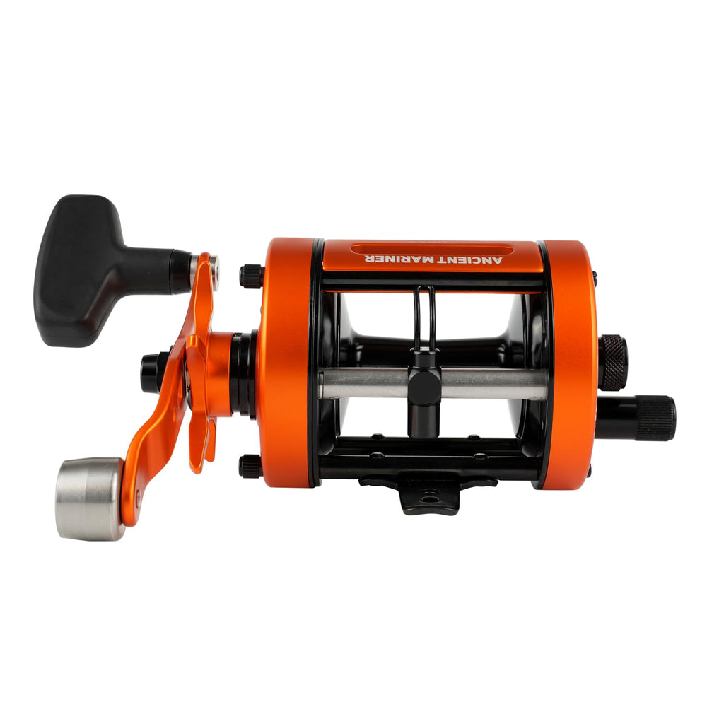 Ancient Mariner GEM reel oversized handle improves grip during big-fish battles.