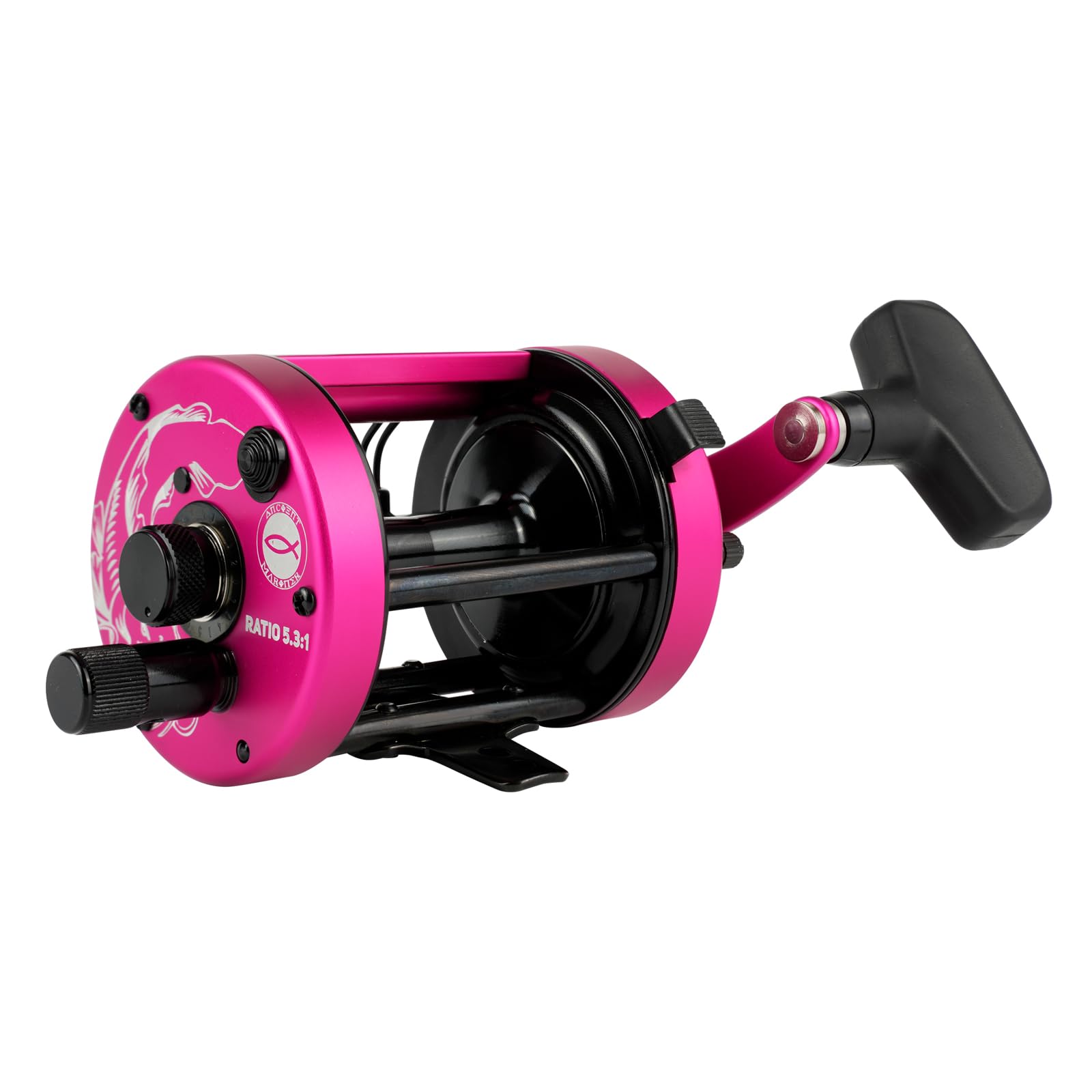 Ancient Mariner GEM reel side view, durable pink finish built for saltwater use.