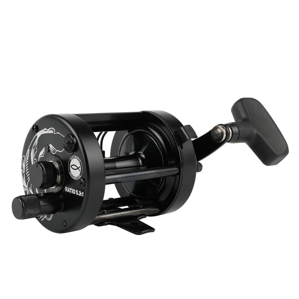 Ancient Mariner GEM catfish reel side profile shows rugged durability for saltwater use.