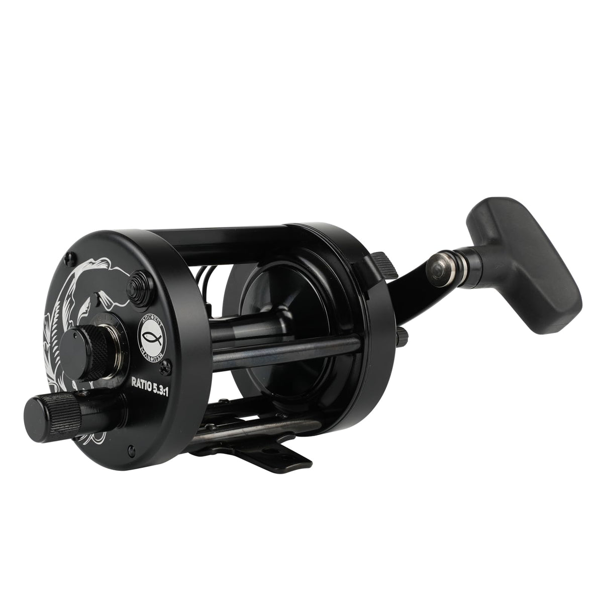 Ancient Mariner GEM catfish reel side profile shows rugged durability for saltwater use.