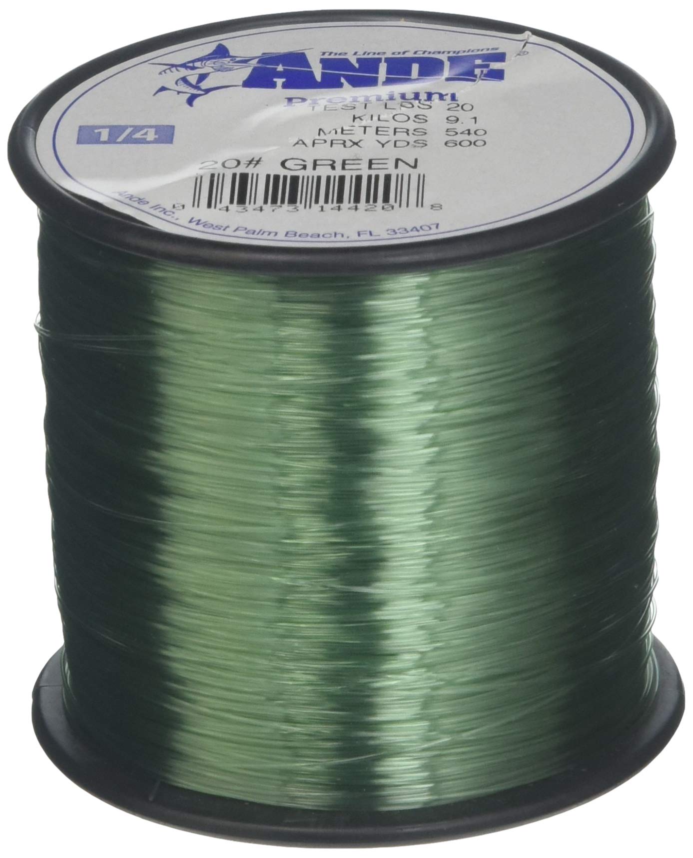 ANDE A14-20G premium monofilament green line on spool, highlighting strong tensile and knot strength.