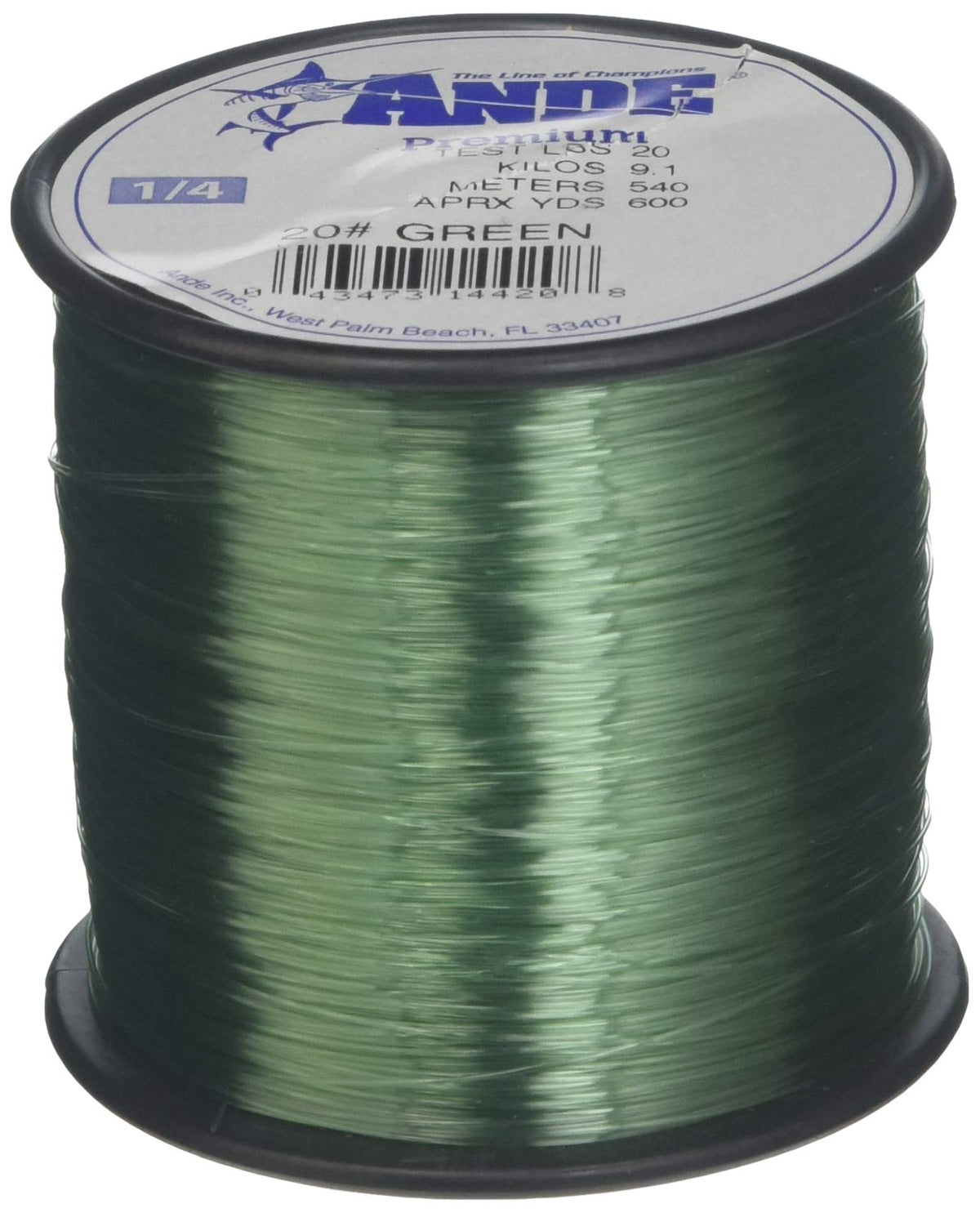 ANDE A14-20G premium monofilament green line on spool, highlighting strong tensile and knot strength.