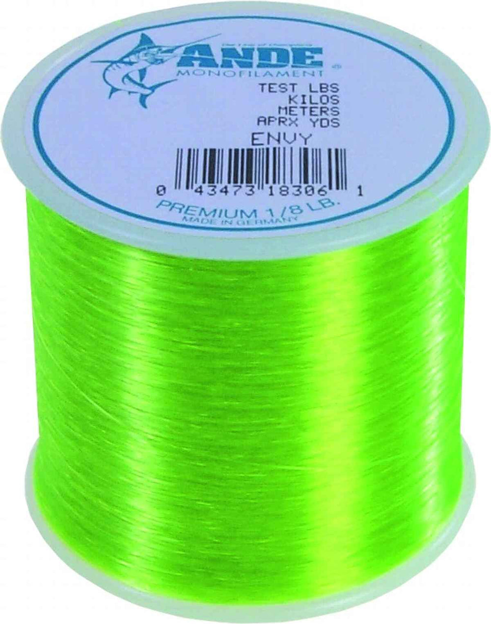 Ande A18-8GE premium monofilament line, bright green finish, strong knots for reliable rigs.