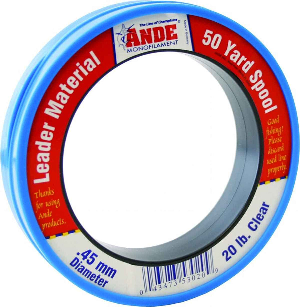 ANDE PCW50-20 mono leader wrist on a 50-yard spool with abrasion resistance for reliable fishing