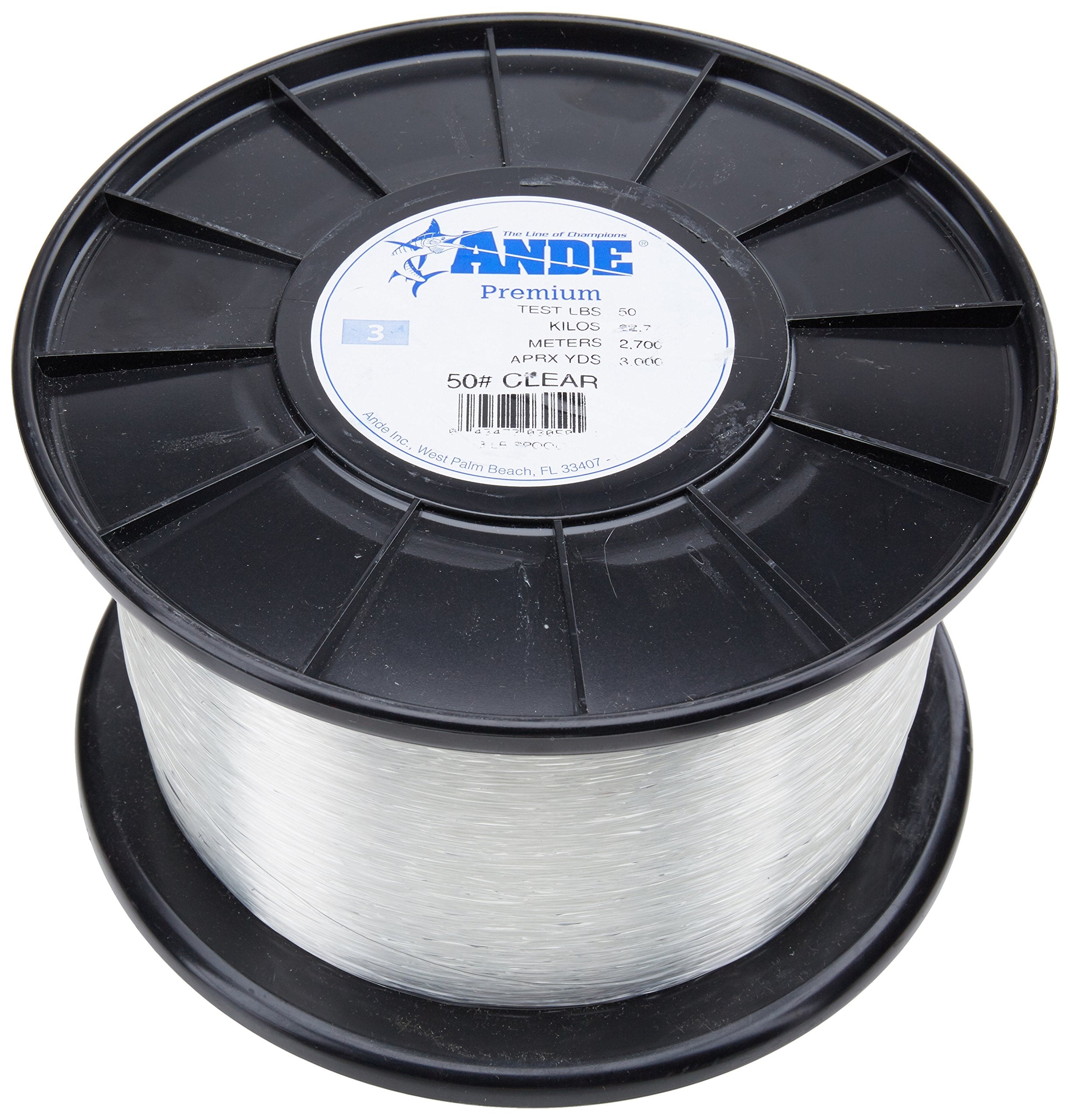 ANDE Premium Monofilament Line 1lb Spool with clear finish for versatile casting and knot reliability.